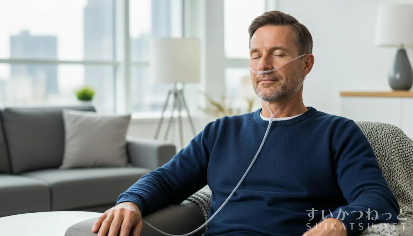 A man relaxes in a chair with his eyes closed, receiving hydrogen inhalation therapy at home.