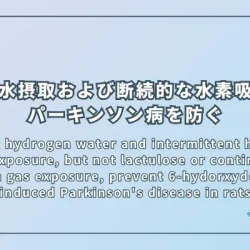 Drinking hydrogen water and intermittent hydrogen gas exposure, but not lactulose or continuous hydrogen gas exposure, prevent 6-hydorxydopamine-induced Parkinson's disease in rats（水素水摂取および断続的な水素吸入は6-ヒドロキシドパミン誘発パーキンソン病を防ぐが、ラクチュロース摂取および連続的水素吸入では効果が限定的である：ラットを用いた研究）