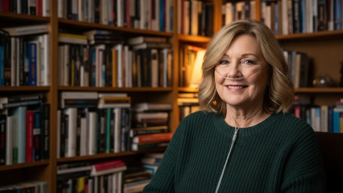 A smiling middle-aged woman with a nasal cannula poses in front of a well-stocked bookshelf