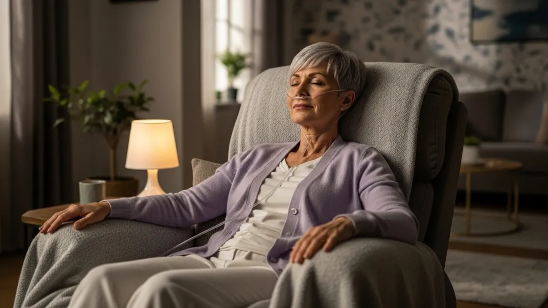 An elderly woman with a nasal cannula relaxes with her eyes closed in a comfortable recliner.