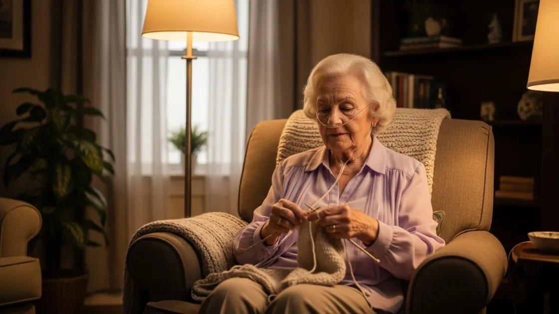 An elderly woman with a nasal cannula sits peacefully in an armchair, focused on her knitting.