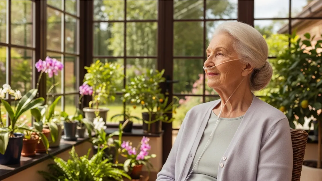 An elderly woman with a nasal cannula enjoys a peaceful moment in a sunroom filled with potted plants.