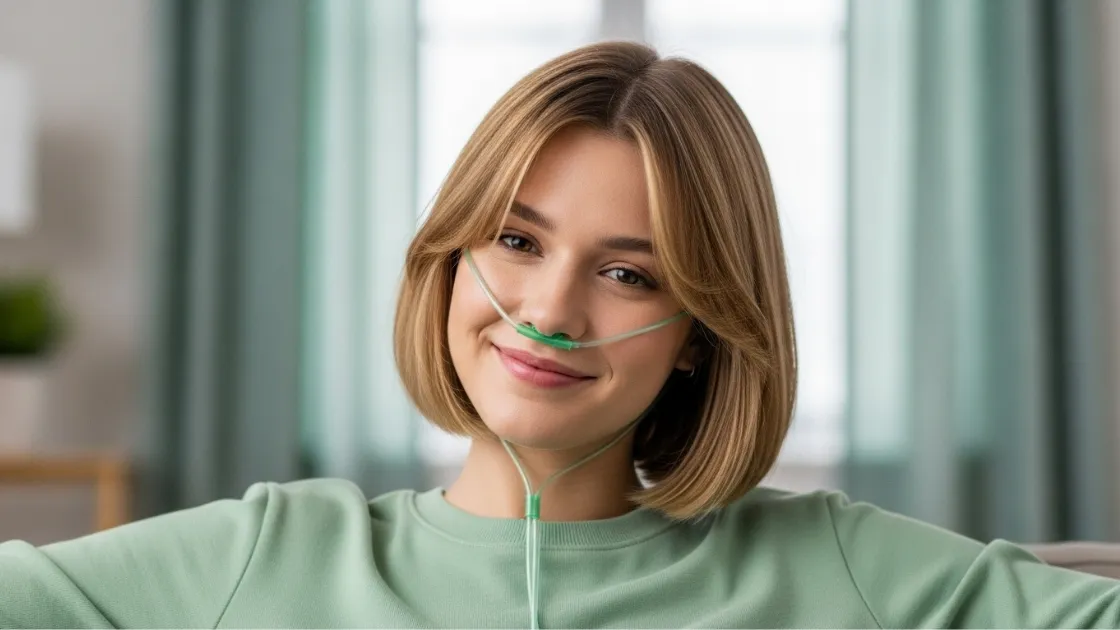 A cheerful young woman with a bob haircut and a nasal cannula smiles warmly at the camera.