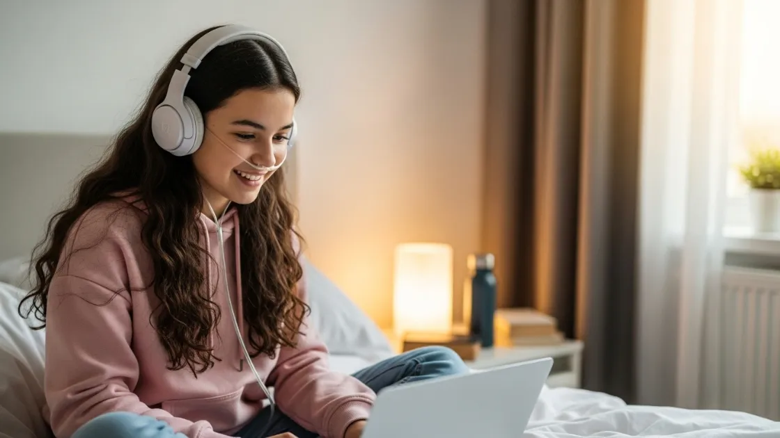 A smiling teenager with a nasal cannula and headphones sits cross-legged on a bed, using a laptop.