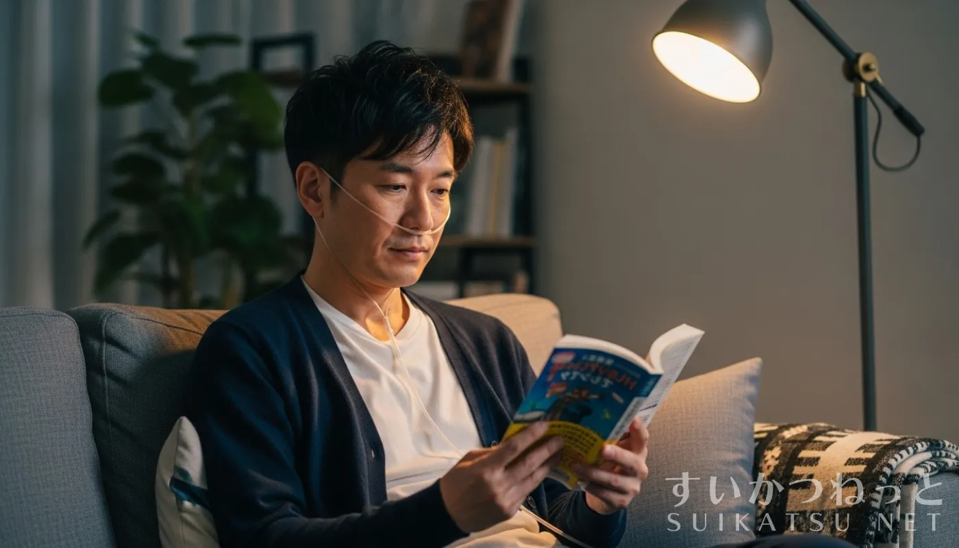 自宅で水素吸入をしながら本を読んでいる男性