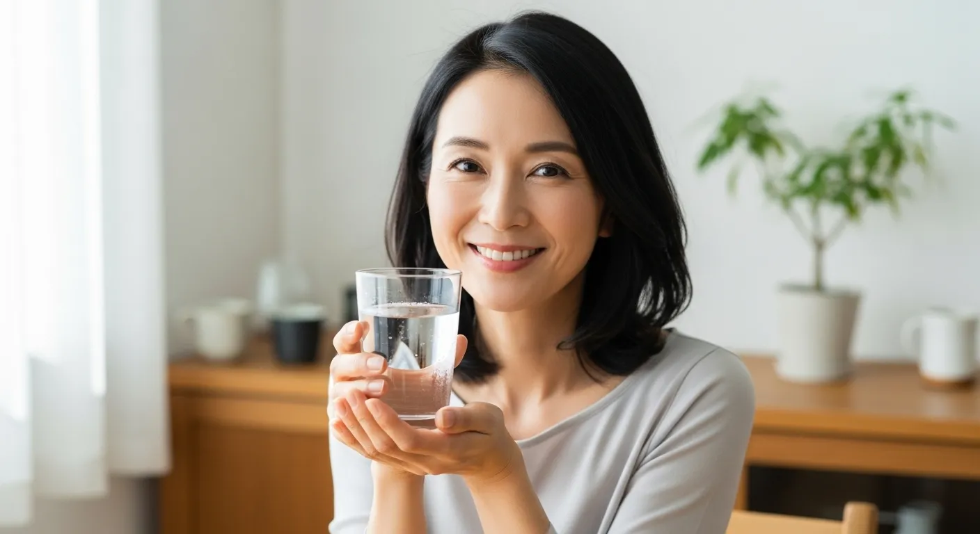 水が入ったコップを持っている女性