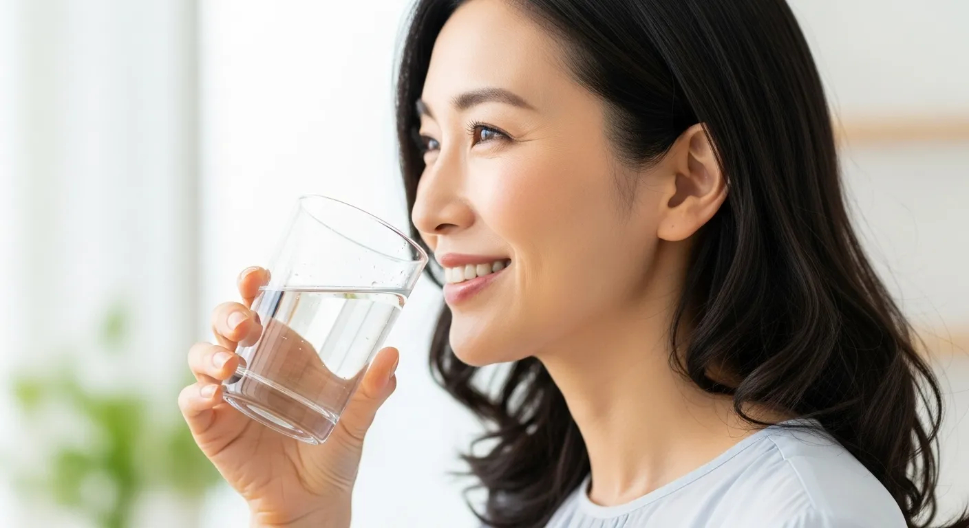コップのお水を飲む綺麗な日本人女性